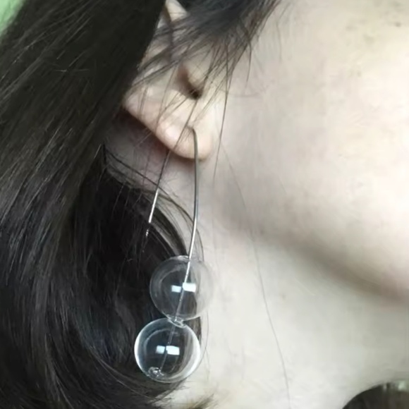Clear Glass Double Ball Drop Earrings – Modern Minimalist Jewelry - Picture 2 of 2